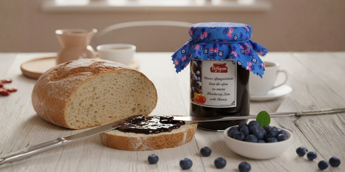 Kiföttes áfonya lekvár az asztalon egy szelet lekváros kenyérrel