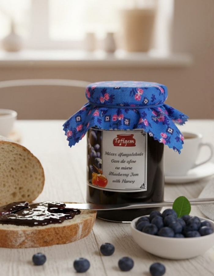 Kiföttes áfonya lekvár az asztalon egy szelet lekváros kenyérrel